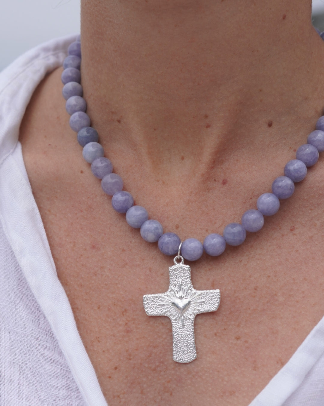 Collar silver cruz corazón detente agata