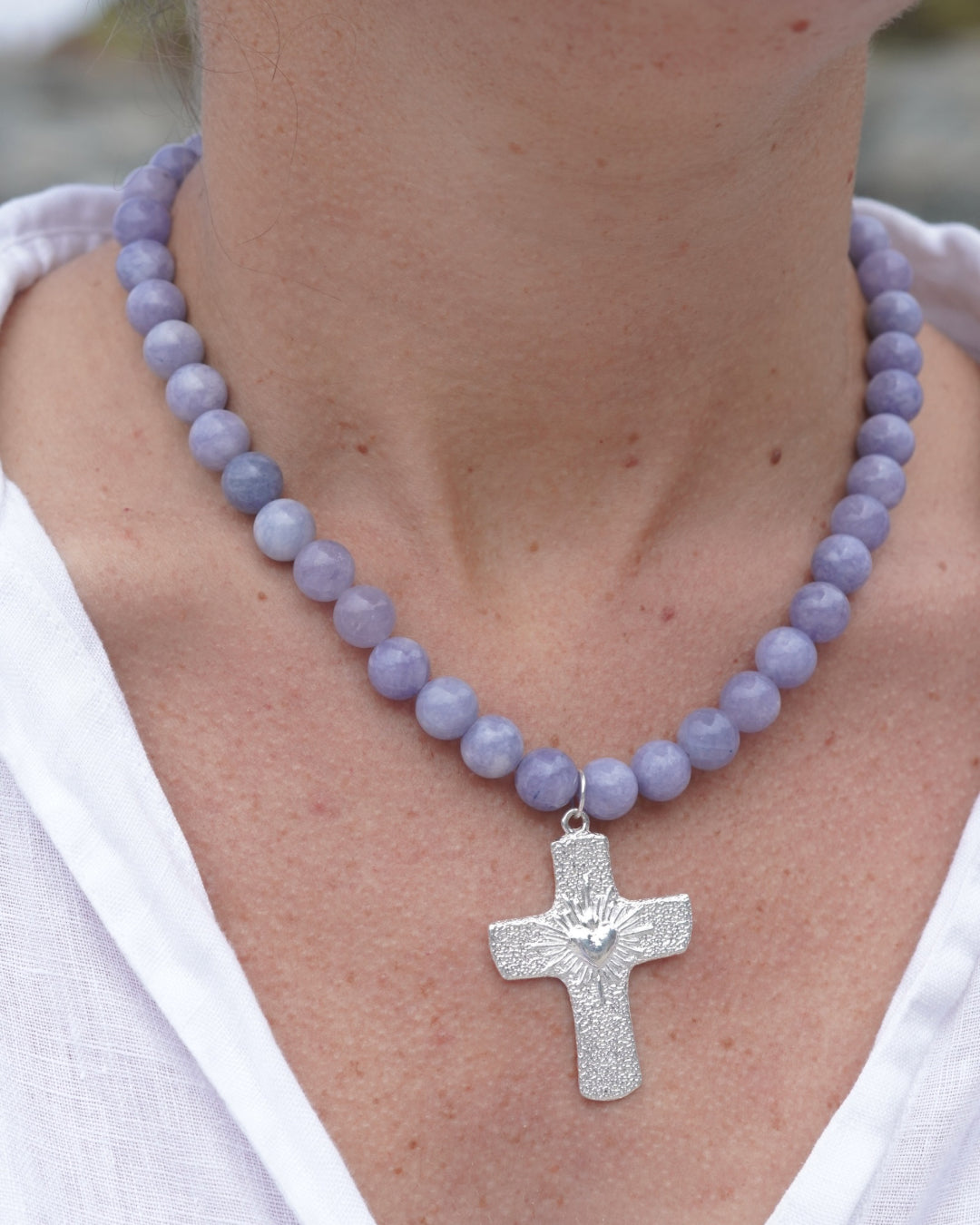 Collar silver cruz corazón detente agata