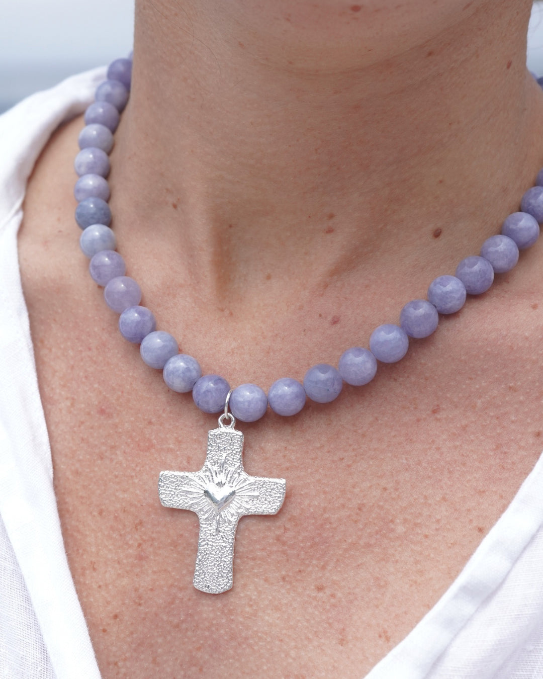 Collar silver cruz corazón detente agata