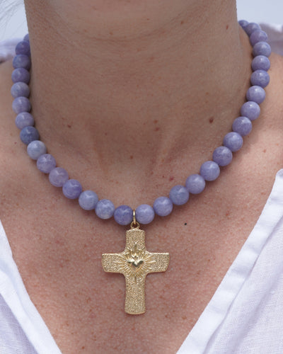 Collar Gold cruz corazón detente agata